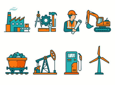 Industrial icons depicting various machines and workers in an energy production setting with r45.eps reference
