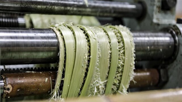 Closeup medium shot of bamboo fiber mechanical splitting machinery separating bamboo strips into coarse fibrous slivers emphasizing texture and processing details.