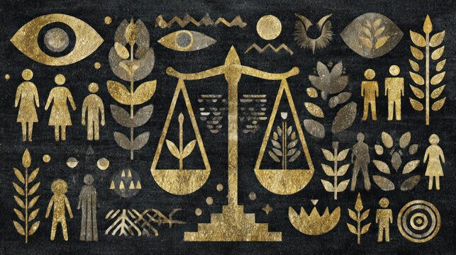 Various symbolic elements representing balance, humanity, and nature arranged across a dark textured background