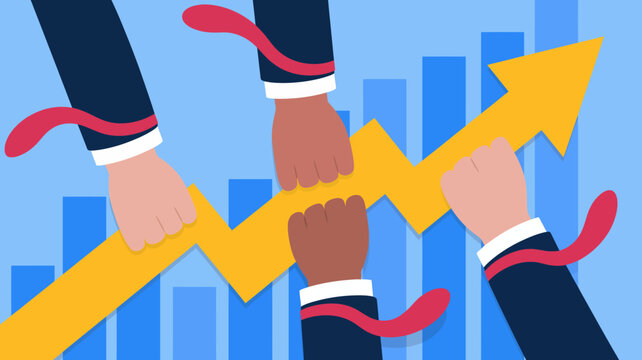 People pushing upward arrows illustrating growth and teamwork in business environment