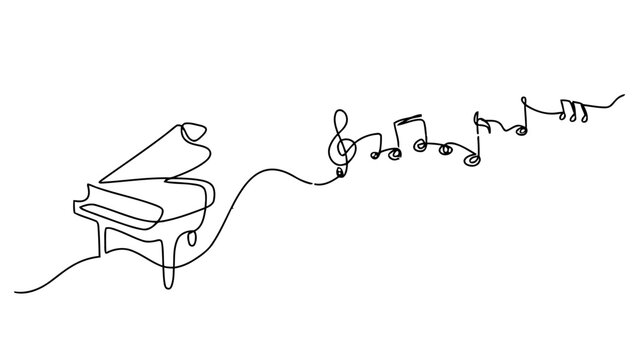 Continuous line drawing of a grand piano with flowing musical notes