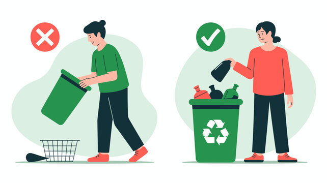 Waste sorting illustration showing incorrect and correct recycling practices