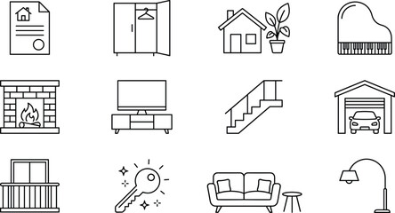 Real estate and home interior line icon set featuring house key contract furniture garage fireplace piano sofa and balcony symbols. © tofajjol studio