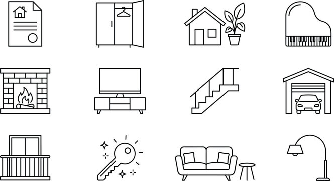Real estate and home interior line icon set featuring house key contract furniture garage fireplace piano sofa and balcony symbols.