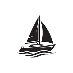 Fototapeta premium A black silhouette of a sailboat with two sails floating on stylized ocean waves, isolated on a plain white background