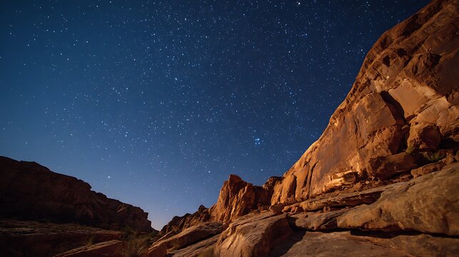 Starry night sky over a dramatic desert rock canyon landscape.
