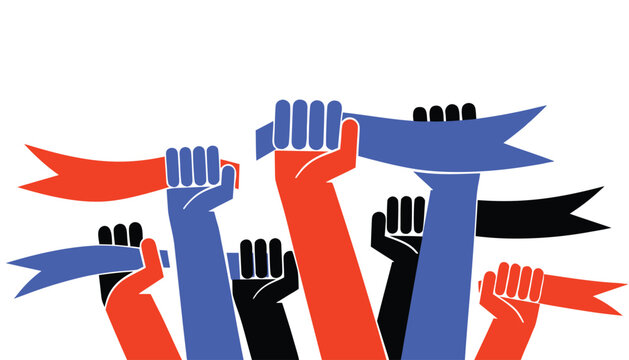 Illustration of raised fists holding banners symbolizing protest and activism