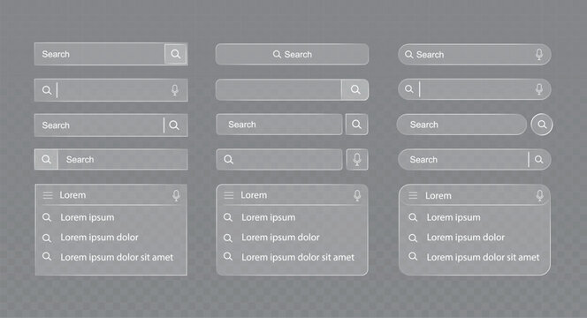 Glass morphism search bar interface set featuring various input field designs and dropdown menus for modern web application.