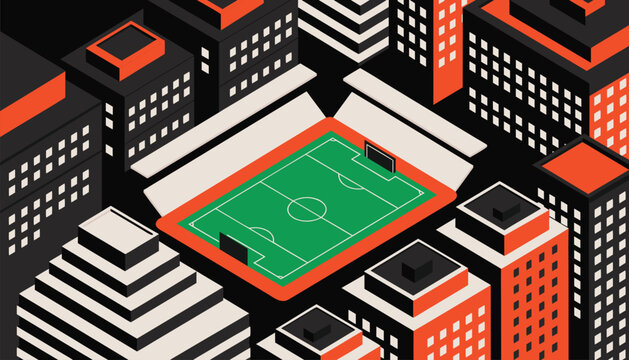 Isometric cityscape with football stadium and buildings