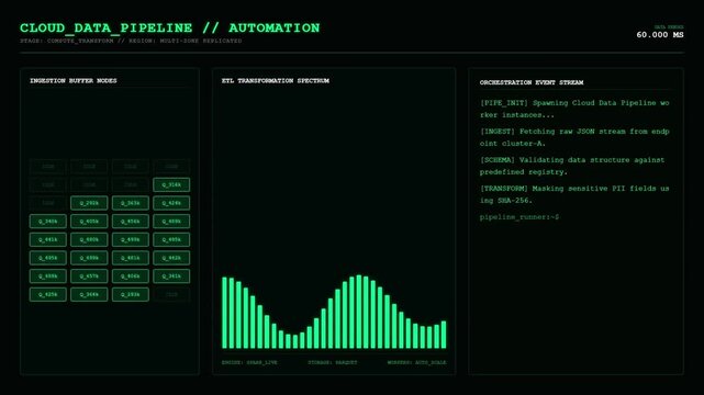 Cloud Data Pipeline Automation Dashboard ETL Processing Animation.