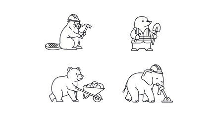 Animal workers construction and cleaning coloring page © masa