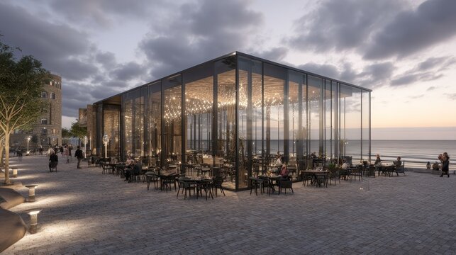 Modern glass pavilion restaurant illuminates seaside promenade during twilight hours