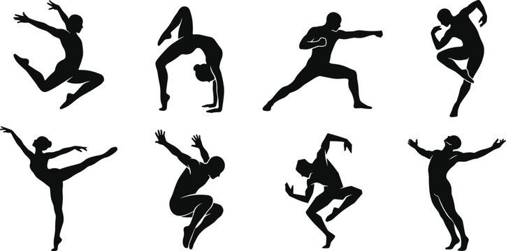 Dynamic dance and fitness silhouette collection featuring acrobatic poses movement and performance figures