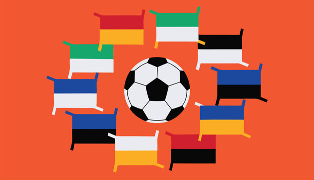 Soccer ball surrounded by flags of different countries on orange background