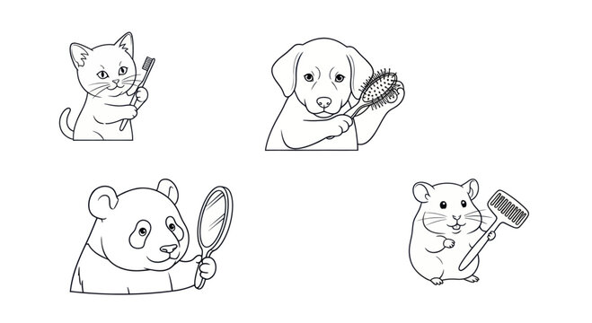 Cute animals using grooming tools line art set