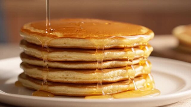 Stack of fresh fluffy pancakes being drizzled with golden maple syrup, delicious breakfast or brunch food