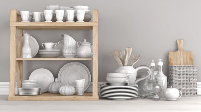 Numerous white ceramic dishware and wooden kitchen accessories are neatly displayed on a light wood shelf unit