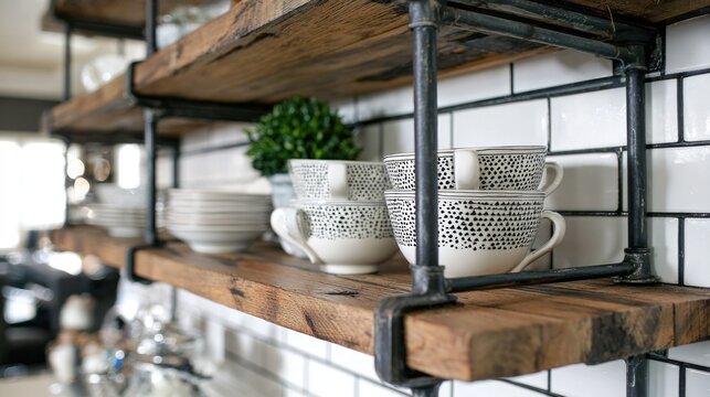 Rustic wooden shelving system displays ceramic dishware against a subway tile backsplash