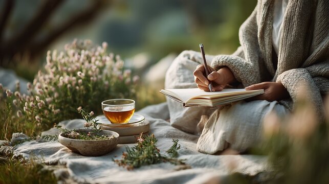 Close-up photo of woman&rsquo;s writing in a journal after meditation, with herbal tea nearby. Mindful lifestyle and self-care concept ideal for wellness blogs, mental health content, and retreats