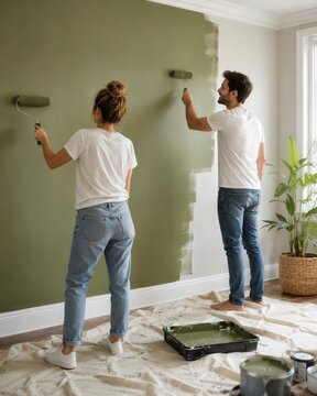 Couple peignant un mur vert dans leur maison