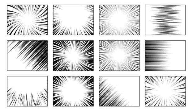Black and white comic book speed lines panels bundle. Monochrome manga background textures collection featuring radial rays, dynamic motion blur frames, spiral swirl patterns, and pop art design.