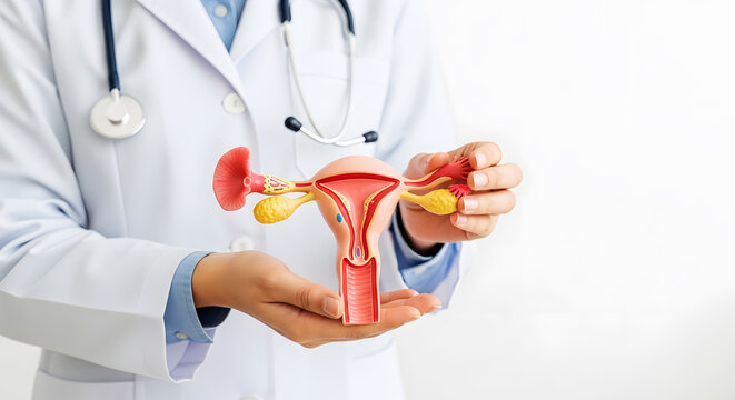 Doctor holding anatomical model of female reproductive system with ovaries and fallopian tubes