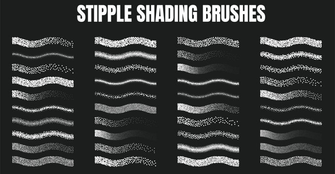 Stipple shading brushes vector set with white grain dot gradient textures on black background halftone stippling effects noise particles brush strokes for retro illustration design