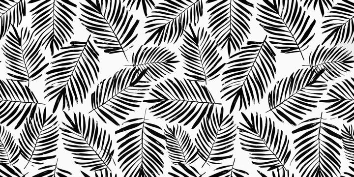 Tropical palm leaf pattern monochrome vector illustration on white background