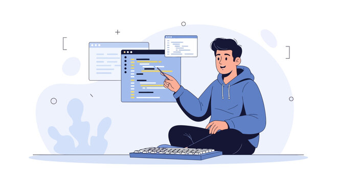 Programmer working on code, coding on computer, young man developer sitting cross-legged with keyboard and code on screens