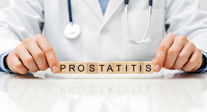 Doctor holding wooden blocks spelling out Prostatitis with stethoscope medical health