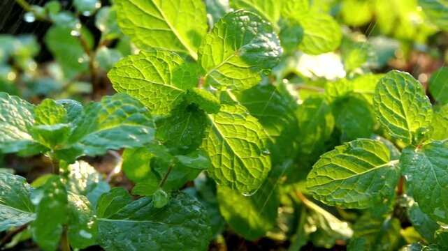 Vibrant green mint leaves glistening with water droplets in the warm glow of sunlight.