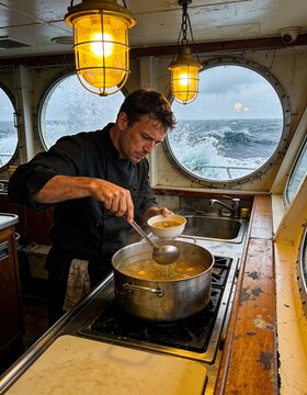 Chef preparing soup inside ship galley kitchen during maritime voyage
