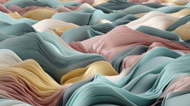 Soft, undulating layers of pastel colored fabric flow across a three dimensional surface.