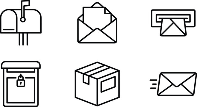 Minimalist postal service line icon set featuring mailbox open envelope letter package slot delivery and secure shipping symbols.
