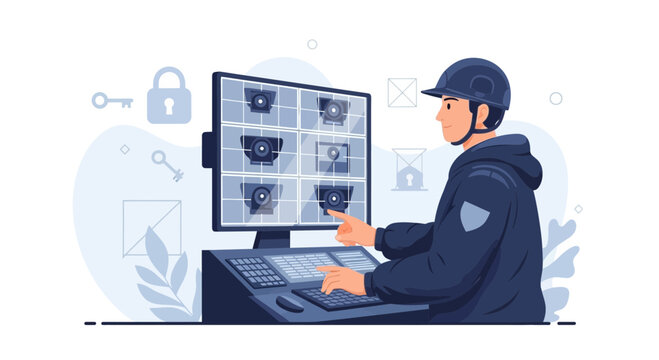 Security Guard Monitors Surveillance Cameras on Multiple Screens at Control Station