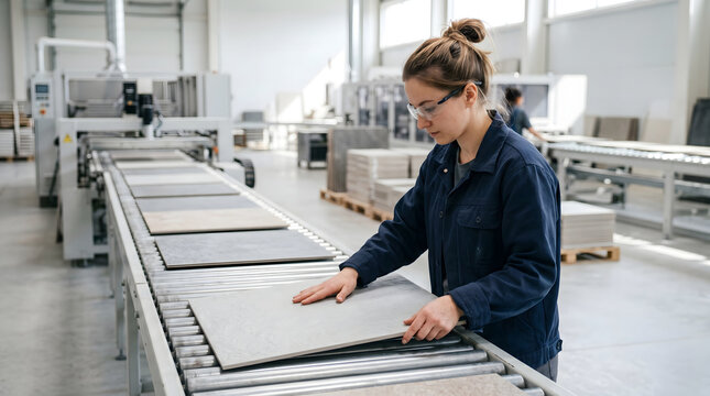 Female factory worker inspecting large ceramic tiles on a conveyor belt system