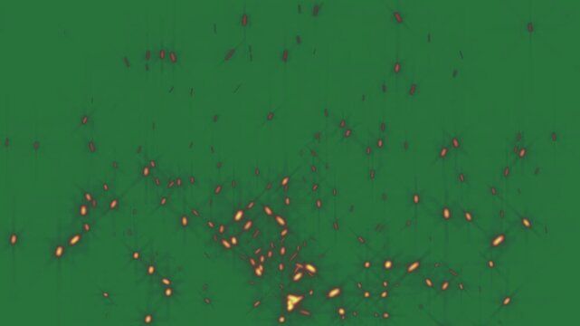 Lot of fire and bunch fireflies isolated on green screen background