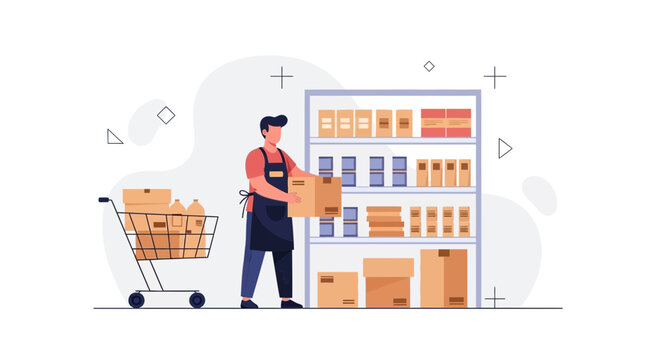 Warehouse worker organizing shelves with boxes and products near a shopping cart