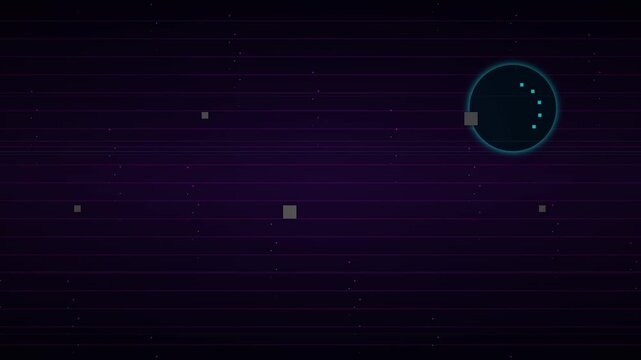 Abstract retro space background featuring neon purple synthwave aesthetic with pixelated stars and glowing cyan planet for digital gaming or vintage video project