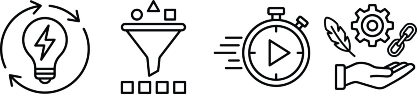 Modern thin line icon set representing business optimization, data filtering funnel, fast productivity stopwatch, and strategic resource management.