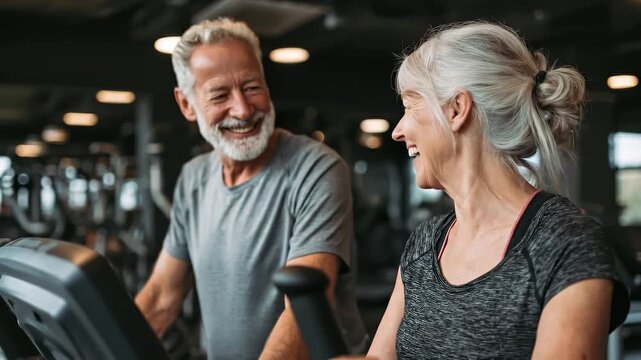 Woman and man talking and smiling at a gym. Happy active senior couple enjoying a workout. Healthy aging and fitness lifestyle concept.