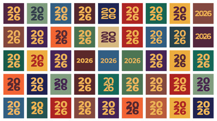 Fototapeta premium Colorful 2026 typography pattern with vintage retro squares for New Year background and calendar design