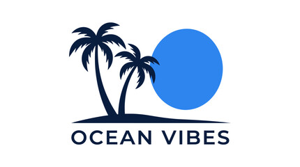 Obraz premium Palm tree and blue sun ocean vibes emblem.
