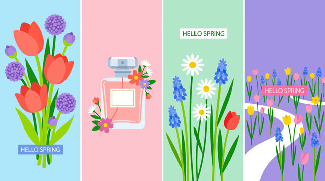 Colorful spring floral illustration set with tulips, daisies, perfume bottle and blooming garden banners saying hello spring