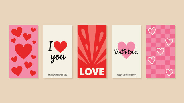 Romantic Valentine greeting card set with red and pink heart designs and love messages on beige background
