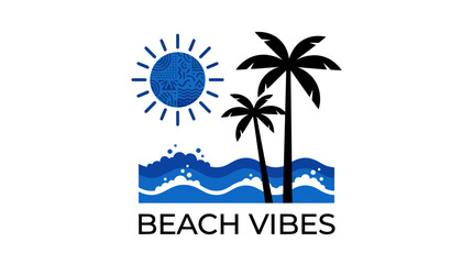 Obraz premium Tropical Beach Vibes square graphic with palms and sun.