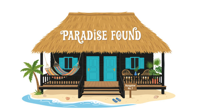 Tropical beach hut illustration with Paradise Found text.