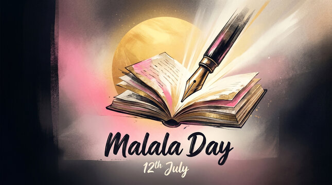 Open Book with Fountain Pen Writing, Celebrating Malala Day on July 12th