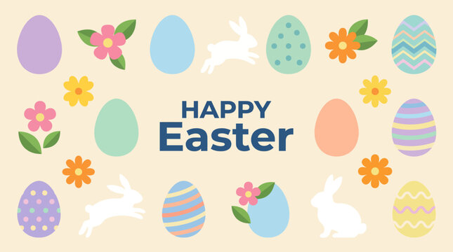 Colorful flat Happy Easter greeting card with decorated eggs, flowers and bunny silhouettes on pastel background
