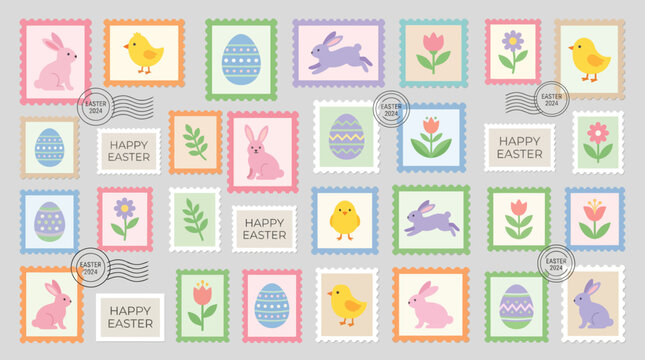 Seamless pattern of cute Easter stamps with bunnies chicks decorated eggs and spring flowers in pastel colors
